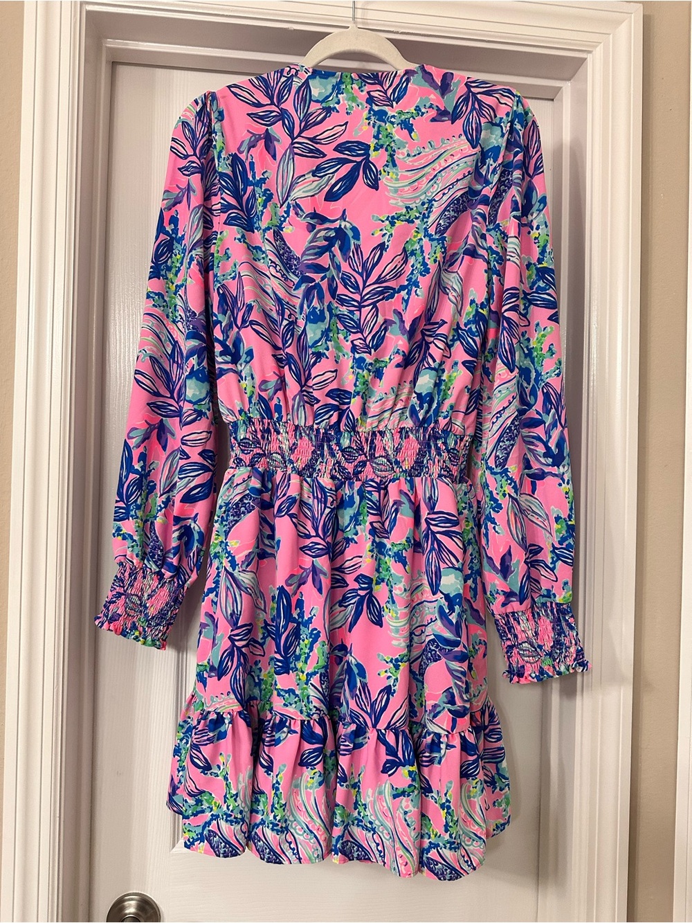 Lilly Pulitzer Pink Floral Long-Sleeve Ruffle Dress with Blue Leaf Print - Picture 2 of 4